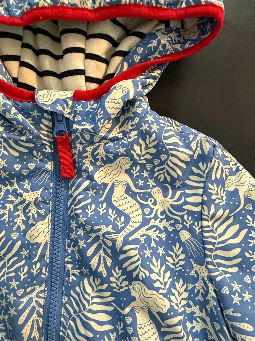 Mini BODEN Blue White Kids Hooded Jacket with Red Trim